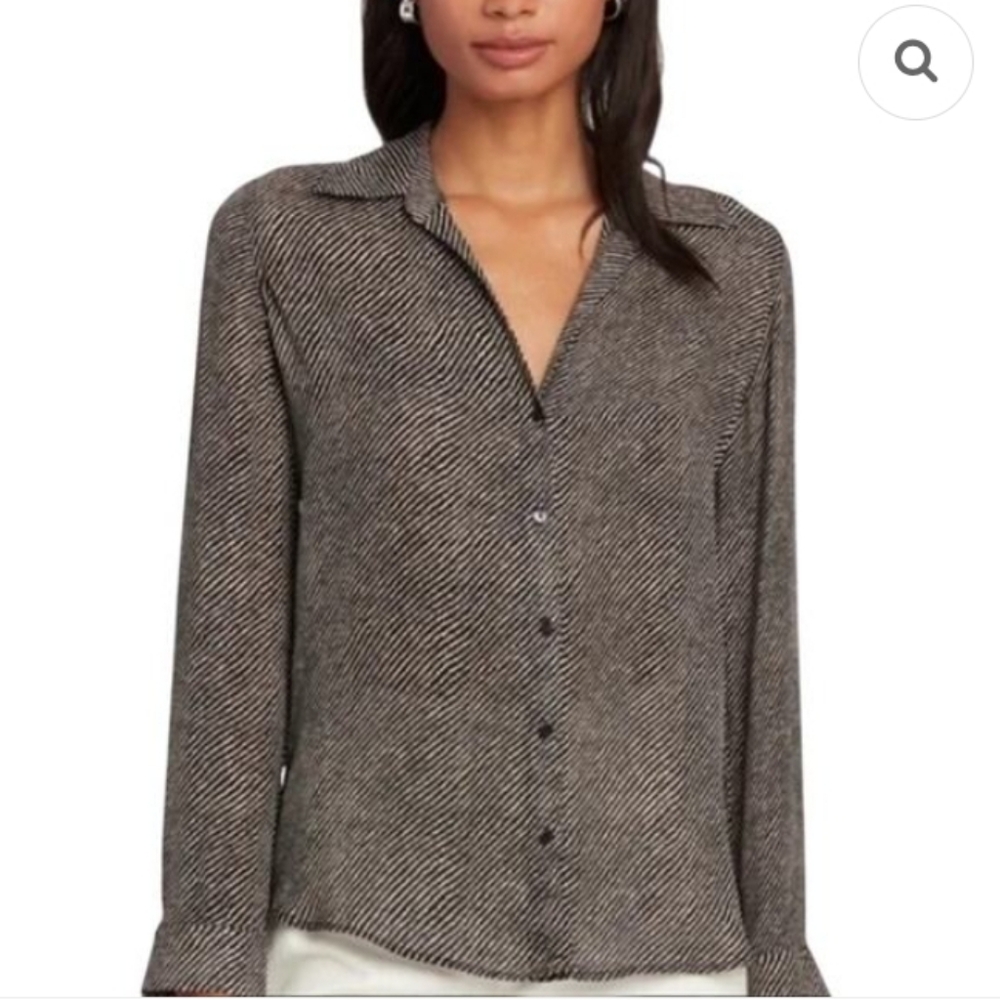 L’Agence Nina Striped Silk Long Sleeve Top Black Cream Office Quiet Luxury M